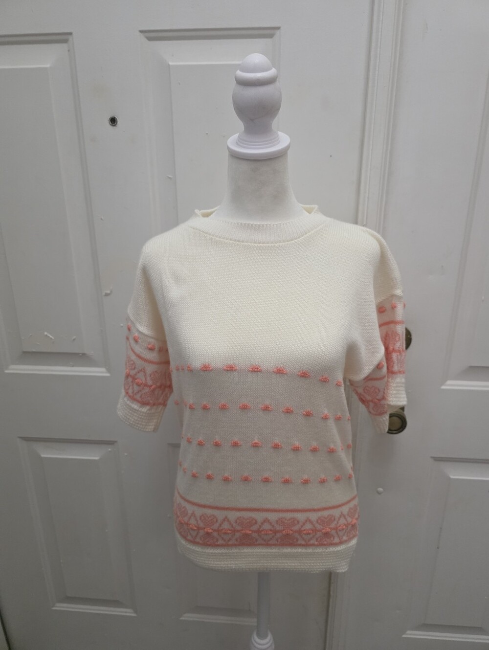 VTG 80s Cristin Stevens Cream Coral Popcorn Pom Geometric Sweater M